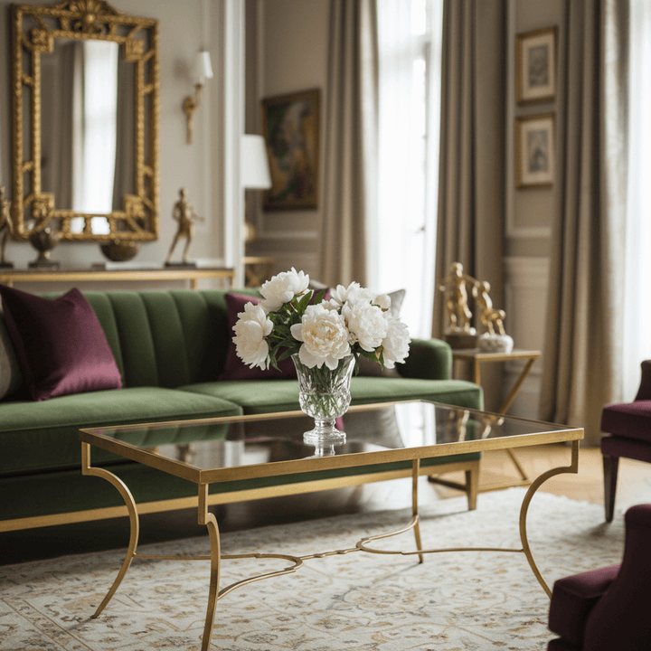Handcrafted Italian Gold Coffee Table with Glass Top in elegant living room setting