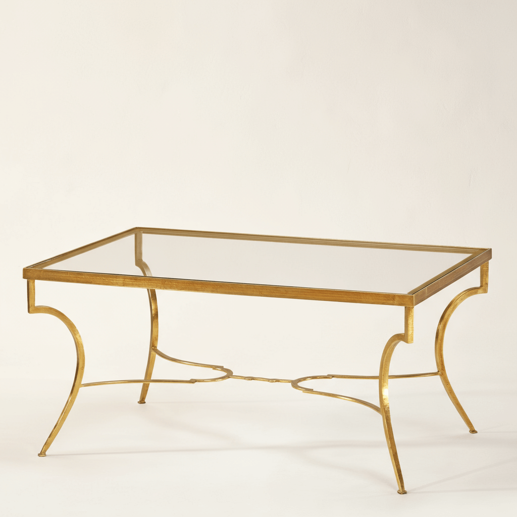 Handcrafted Italian Gold Coffee Table with Glass Top featuring elegant gold leaf frame and vintage design.