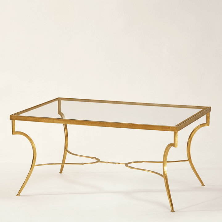 Handcrafted Italian Gold Coffee Table with Glass Top featuring elegant gold leaf frame and vintage design.