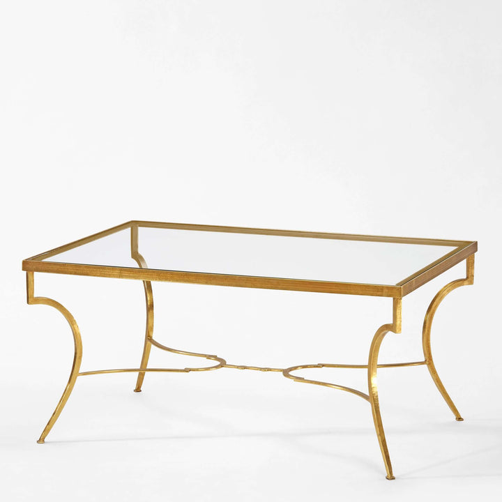 Handcrafted Italian Gold Coffee Table with Glass Top featuring a gold leaf frame and vintage design.