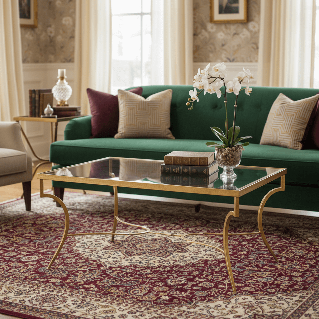 Elegant living room featuring Handcrafted Italian Gold Coffee Table with Glass Top, showcasing vintage glamour and Italian artistry.