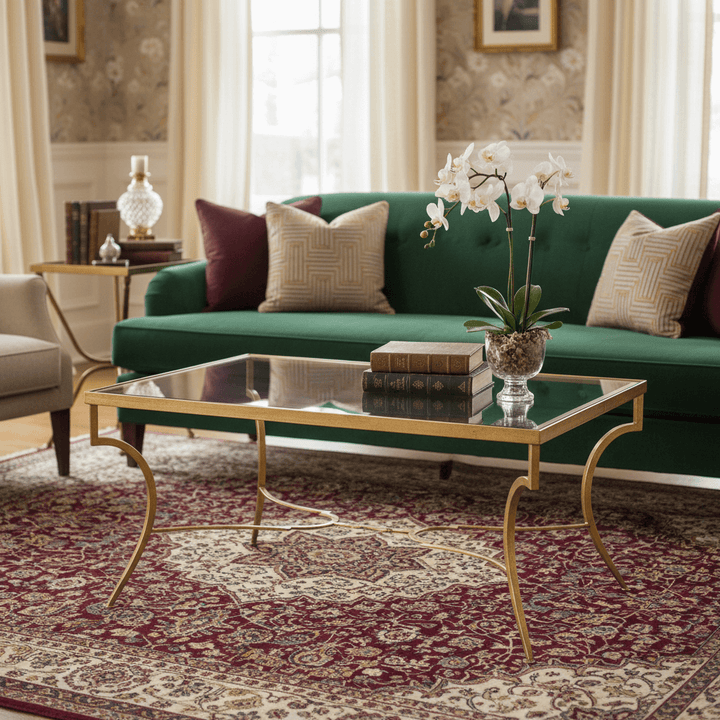 Elegant living room featuring Handcrafted Italian Gold Coffee Table with Glass Top, showcasing vintage glamour and Italian artistry.