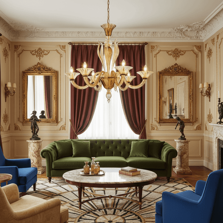 Handcrafted Italian Murano Glass Chandelier in Amber illuminating a luxurious living room