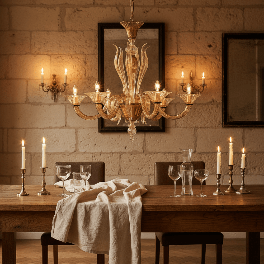 Handcrafted Italian Murano Glass Chandelier in Amber elegantly hanging over a dining table in a classic interior setting.