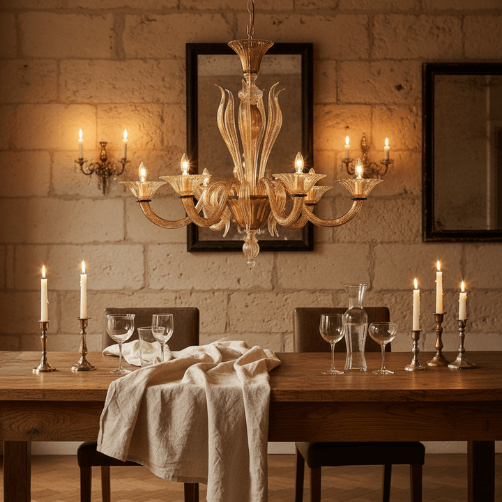 Handcrafted Italian Murano Glass Chandelier in Amber elegantly hanging over a dining table in a classic interior setting.