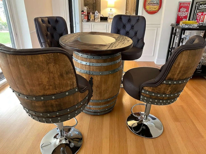 Handcrafted Vintage Oak Barrel Adjustable Bar Stool set with matching chairs around a wooden table in a stylish room.