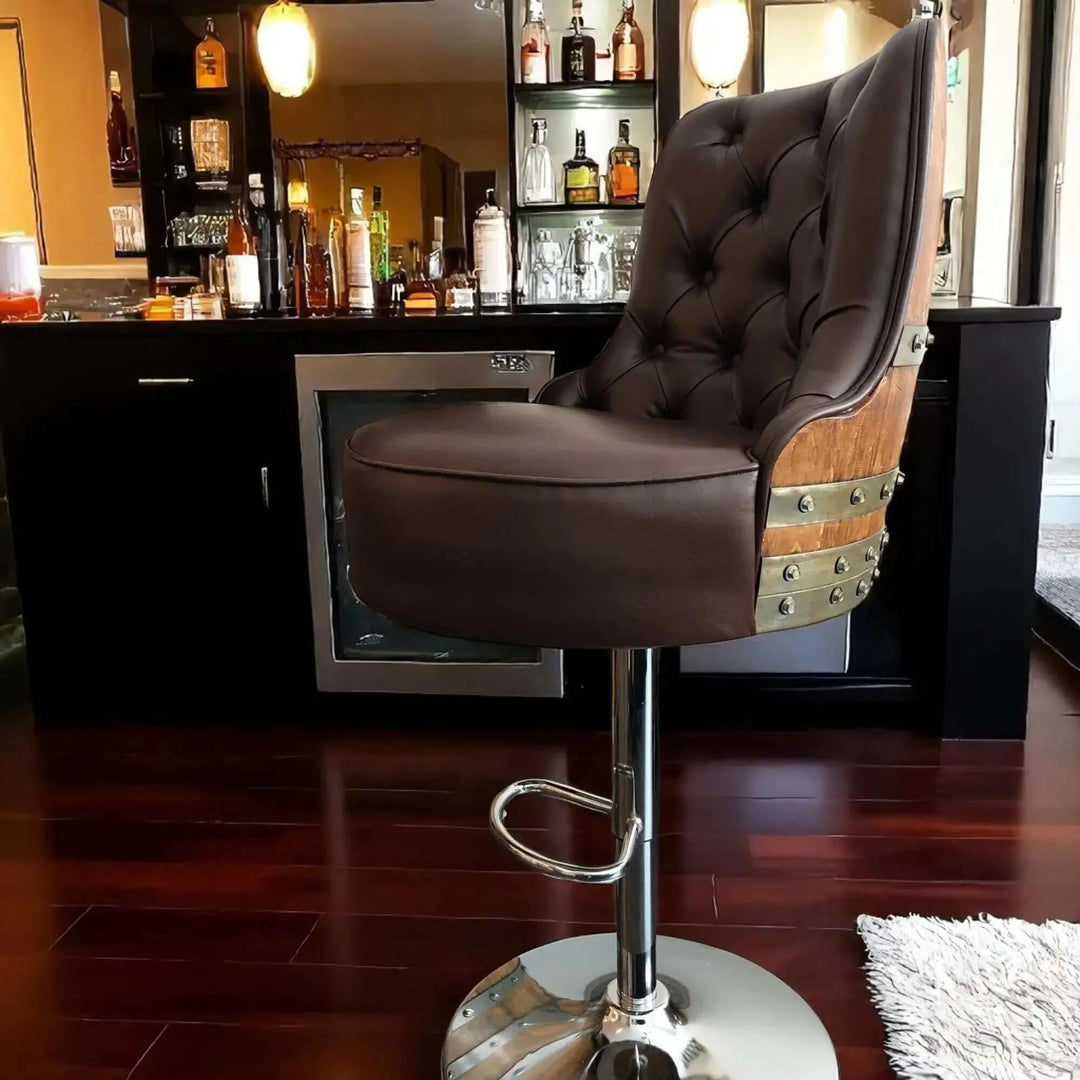 Handcrafted Vintage Oak Barrel Adjustable Bar Stool in modern kitchen setting