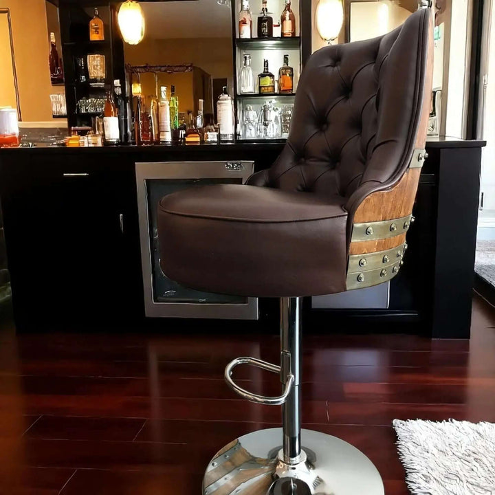 Handcrafted Vintage Oak Barrel Adjustable Bar Stool in modern kitchen setting