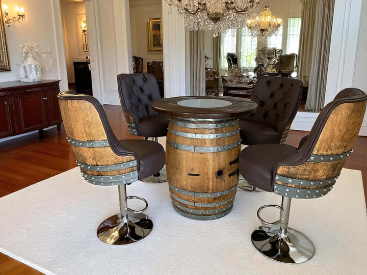 Handcrafted Vintage Oak Barrel Adjustable Bar Stool set in elegant dining room.