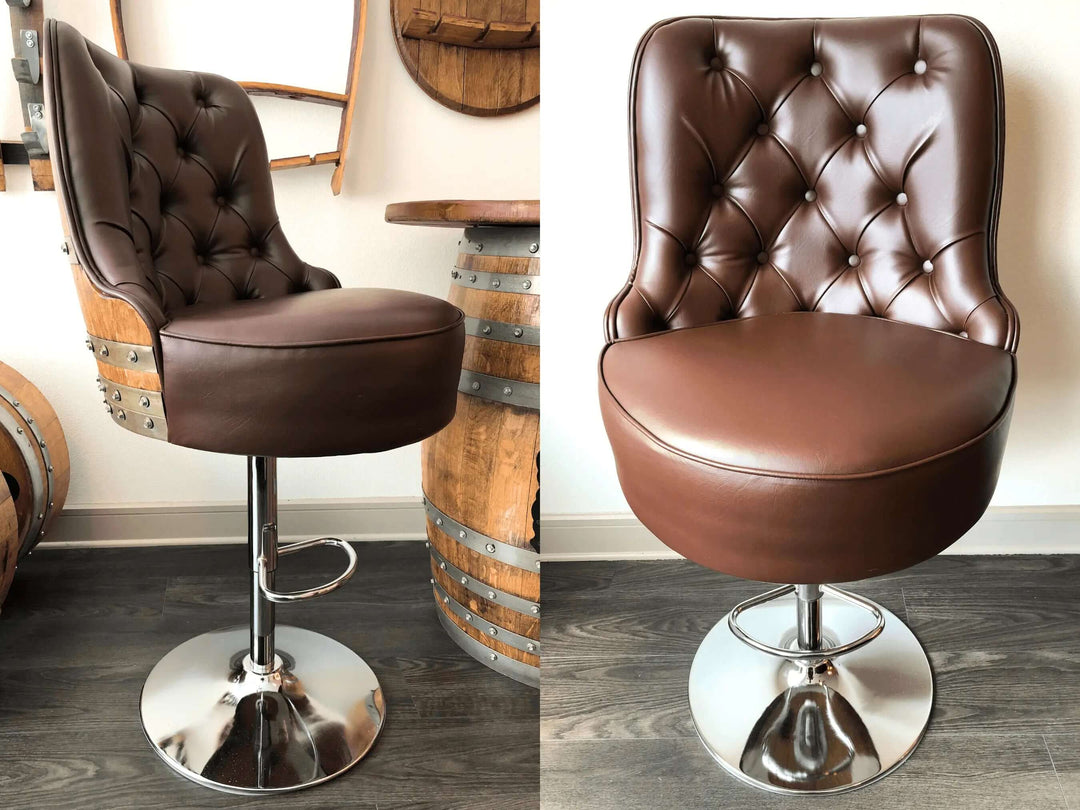 Elegant Handcrafted Vintage Oak Barrel Adjustable Bar Stool with plush leather seat and rustic wine barrel accents.