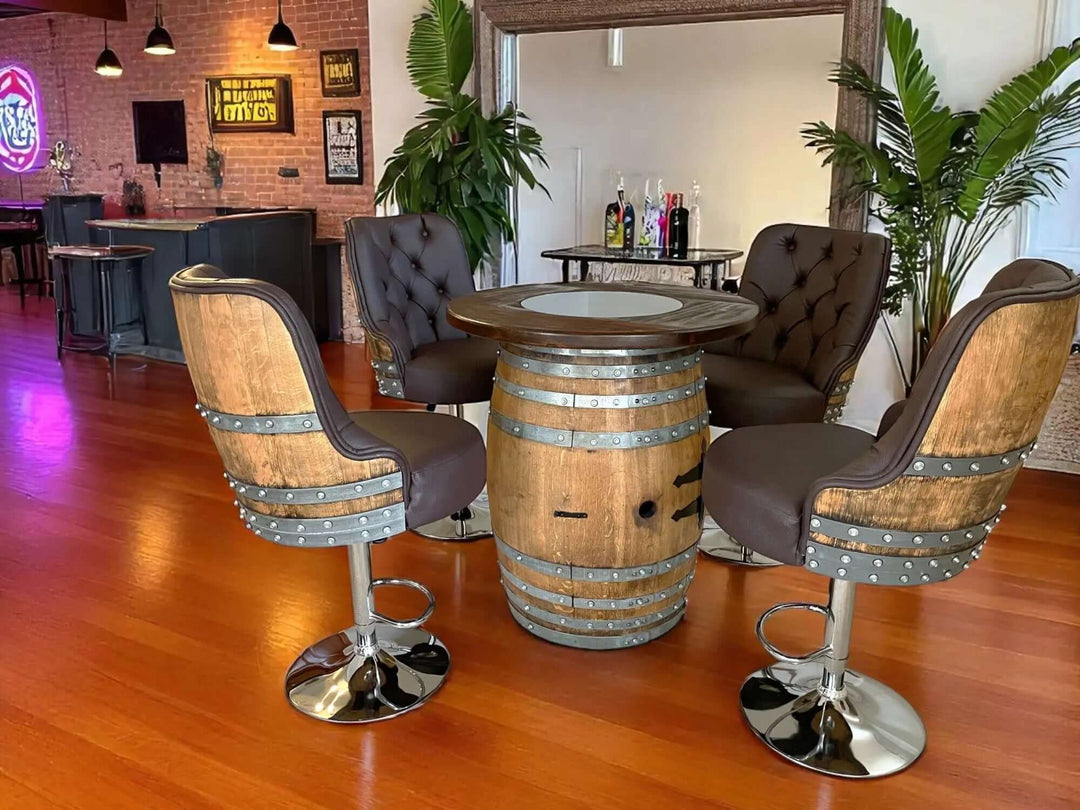 Handcrafted Vintage Oak Barrel Adjustable Bar Stool set around a rustic wine barrel table in a cozy bar setting