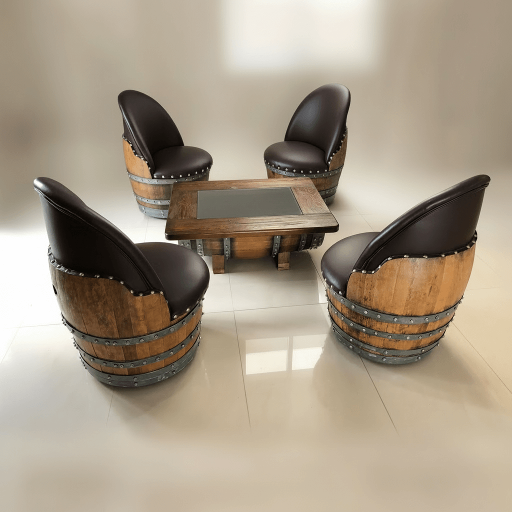 Handcrafted Vintage Oak Barrel Coffee Table and Chairs set featuring unique barrel designs for a rustic farmhouse appeal.