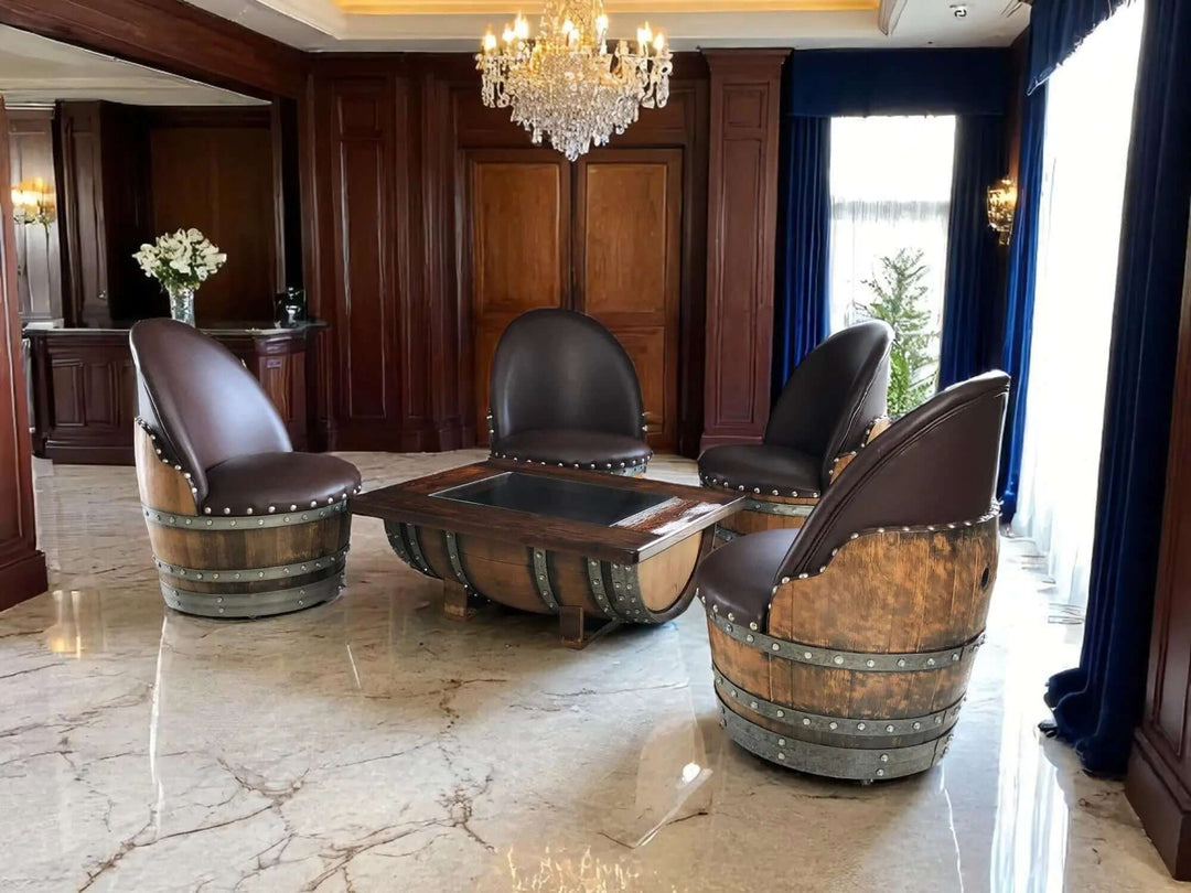Handcrafted Vintage Oak Barrel Coffee Table and Chairs set in elegant room with chandelier and wooden paneling