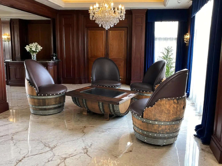 Handcrafted Vintage Oak Barrel Coffee Table and Chairs set in elegant room with chandelier and wooden paneling