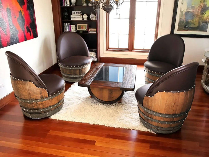Handcrafted Vintage Oak Barrel Coffee Table and Chairs in living room setting