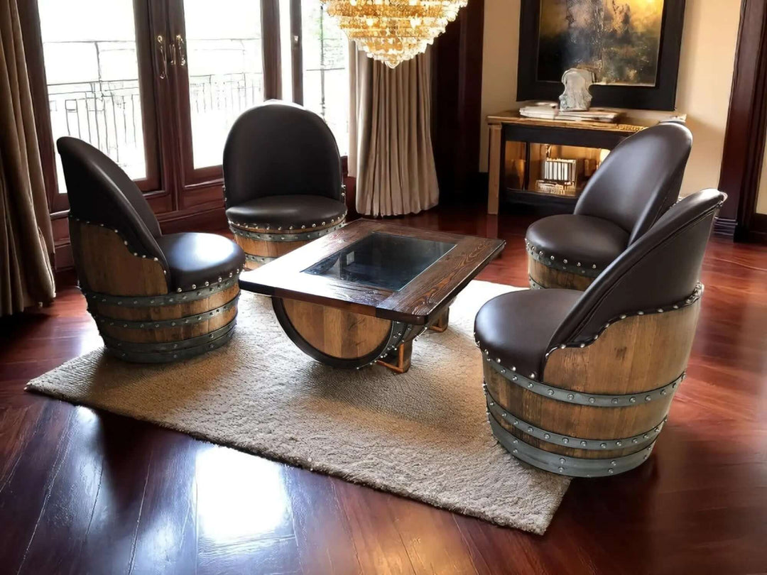Handcrafted Vintage Oak Barrel Coffee Table and Chairs in rustic living room setting