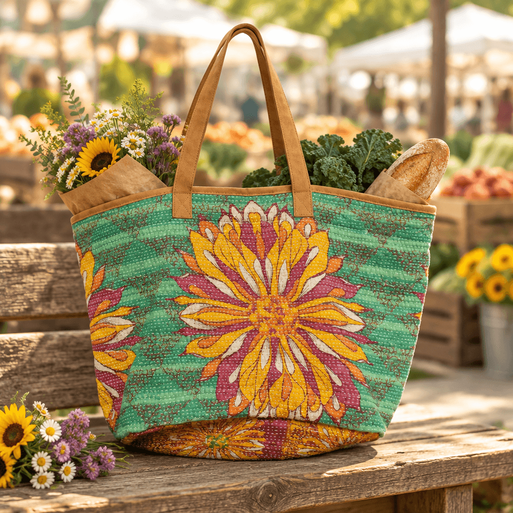 Green floral kantha tote styled on a wooden market bench with flowers and wrapped produce