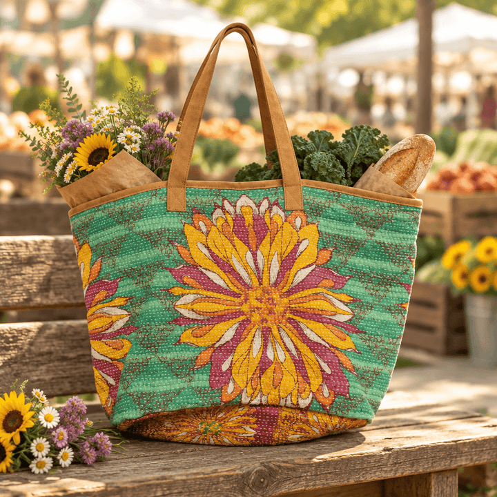 Green floral kantha tote styled on a wooden market bench with flowers and wrapped produce