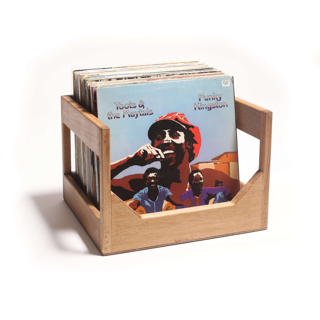 Handmade Wooden Vinyl Record Storage Crate with vinyl LPs displayed