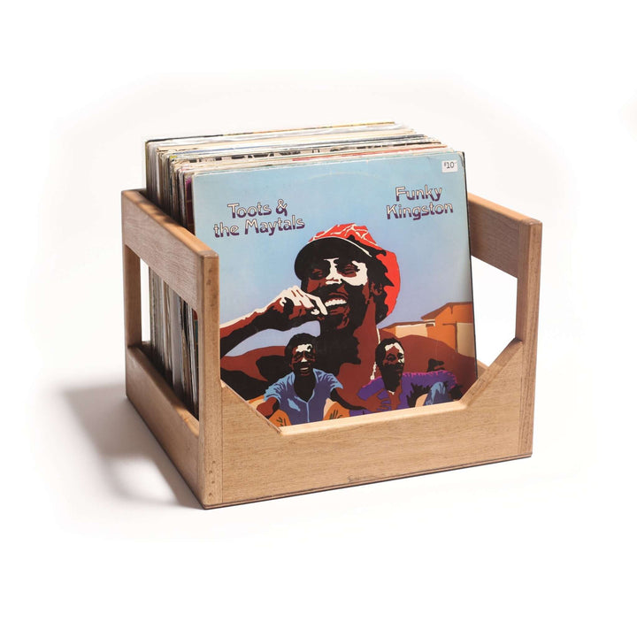 Handmade Wooden Vinyl Record Storage Crate with vinyl LPs displayed