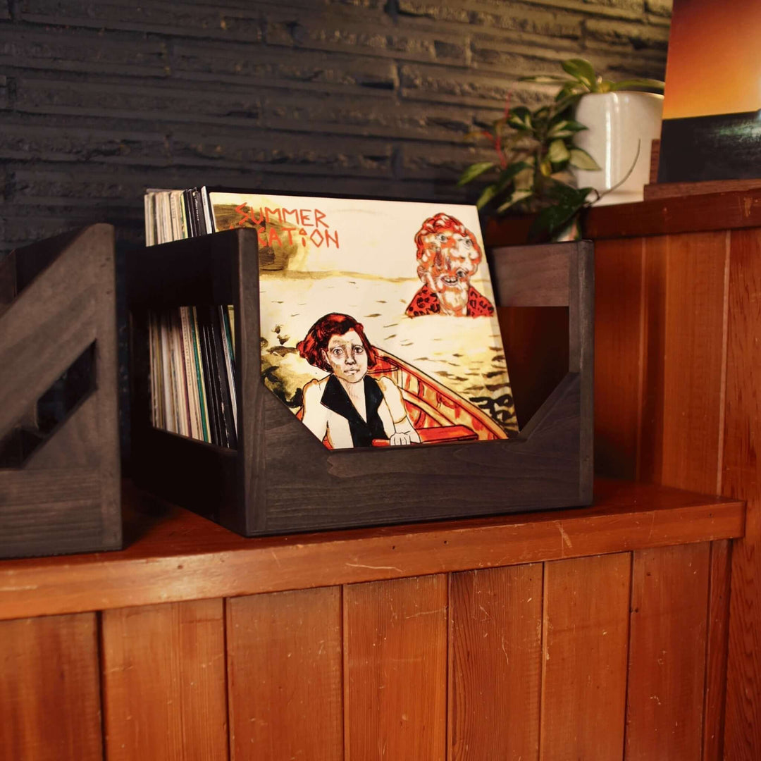 Handmade Wooden Vinyl Record Storage Crate holding 12-inch LPs on a wooden shelf