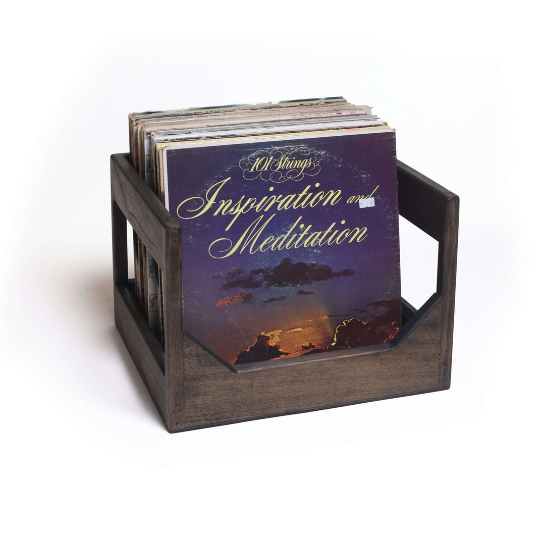 Handmade Wooden Vinyl Record Storage Crate holding 12-inch LPs with vintage albums
