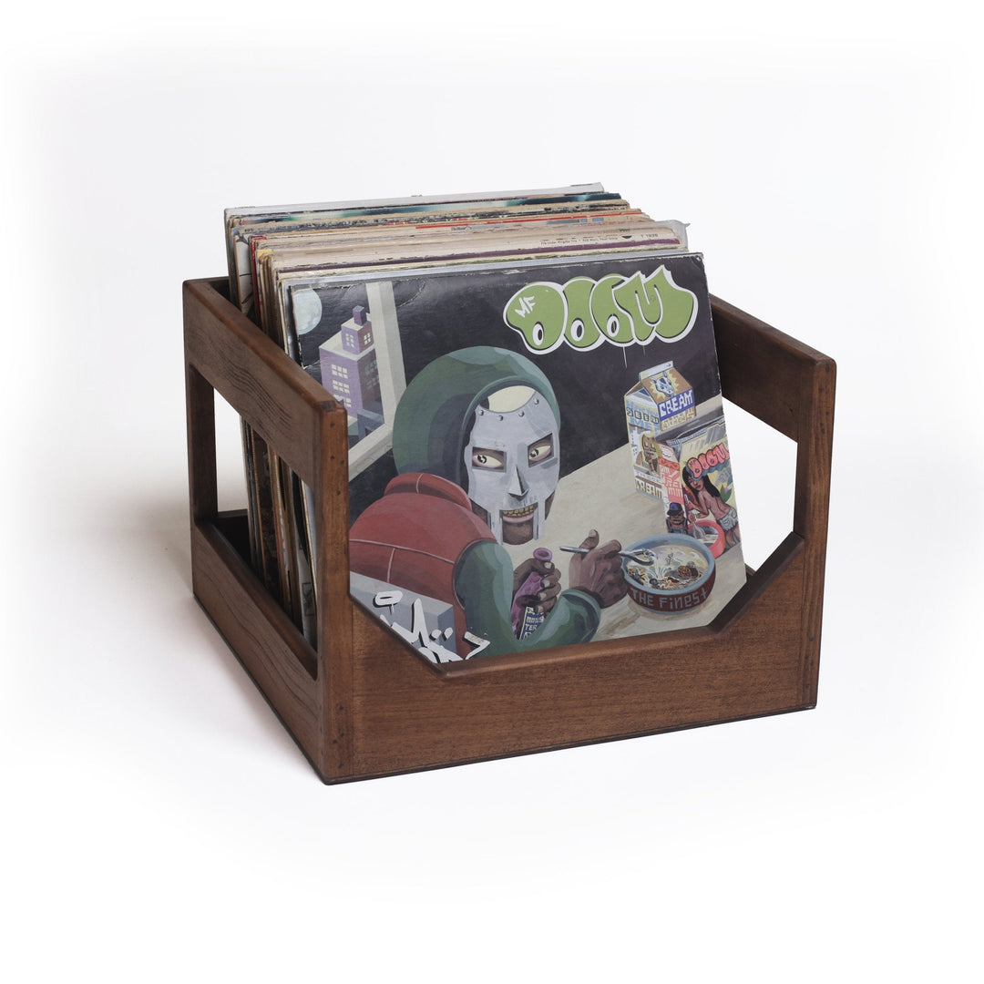 Handmade Wooden Vinyl Record Storage Crate holding 12-inch LPs, showcasing vintage musical album covers.
