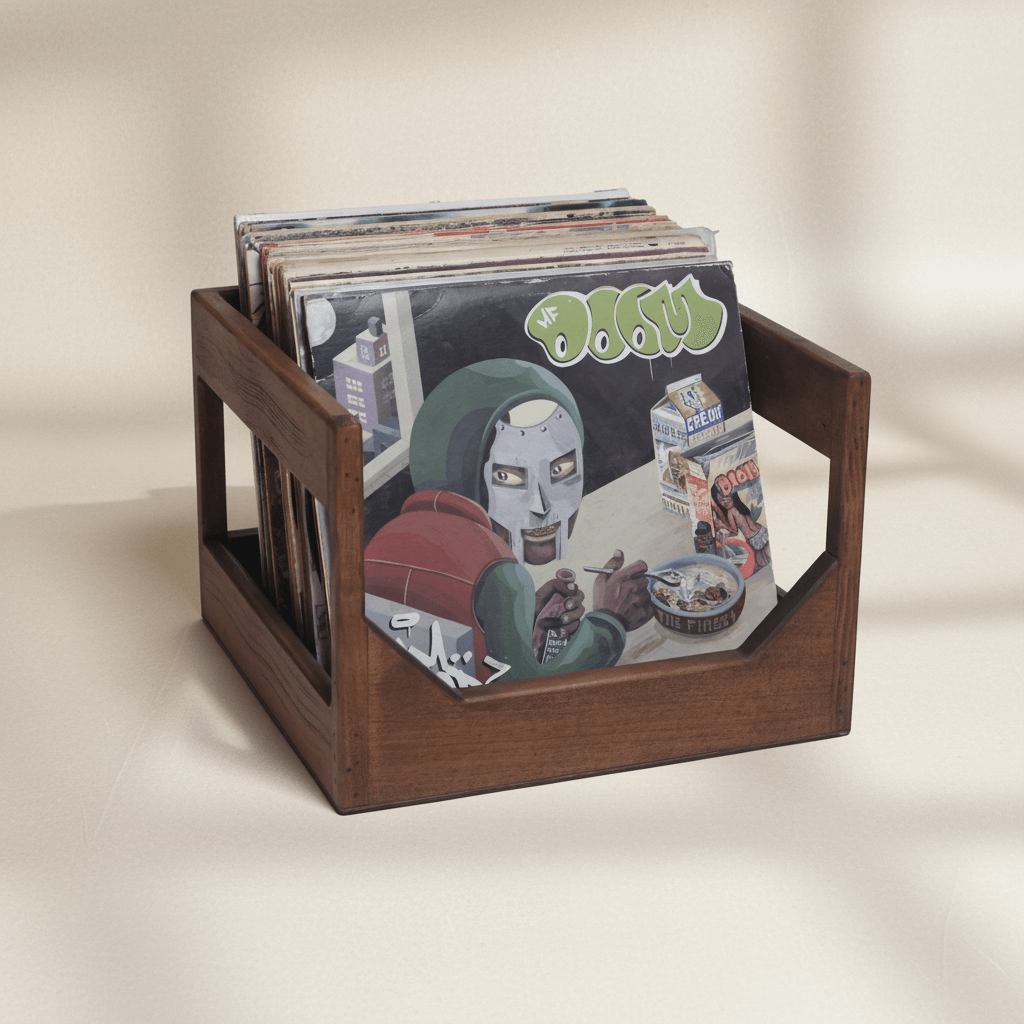 Handmade Wooden Vinyl Record Storage Crate holding 12-inch LPs with vintage album covers