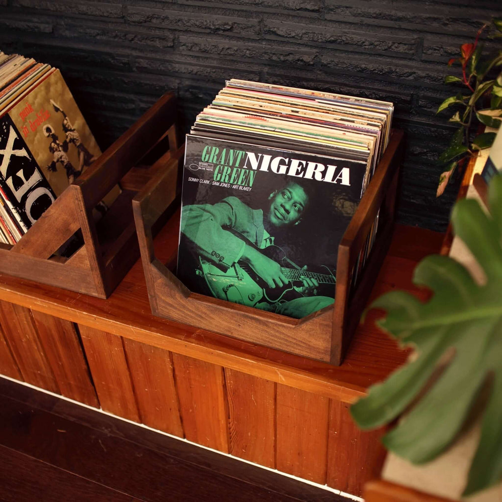 Handmade Wooden Vinyl Record Storage Crate holding 12-inch LPs in a vintage-inspired setting