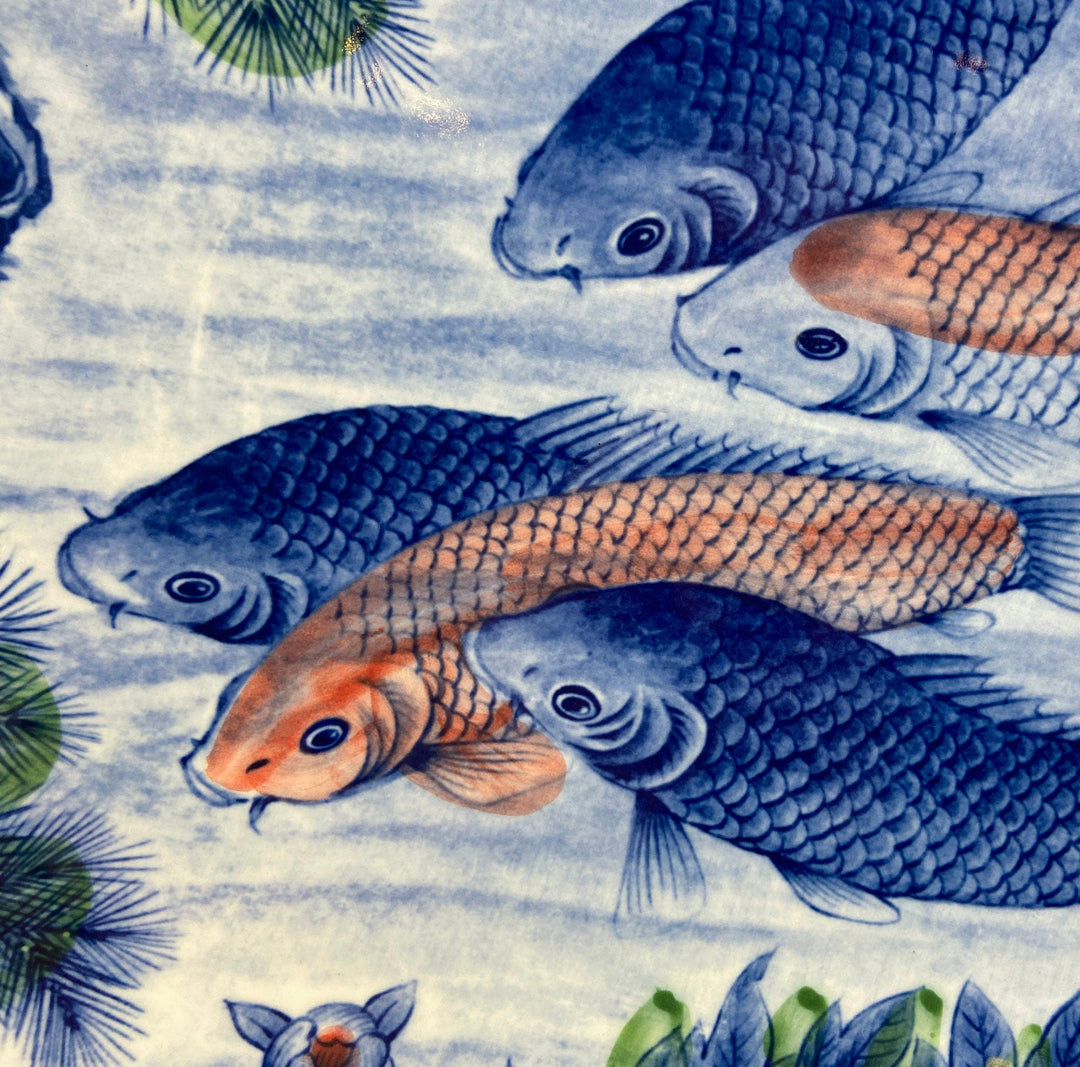 Handpainted Koi Fish Platter: Japanese Collectible Art Plate, 16" with colorful koi fish design.