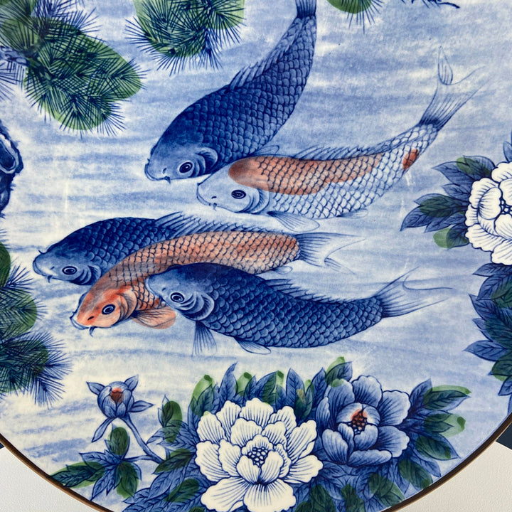Handpainted Koi Fish Platter: Japanese Collectible Art Plate, 16" featuring colorful koi fish among peonies and evergreens.