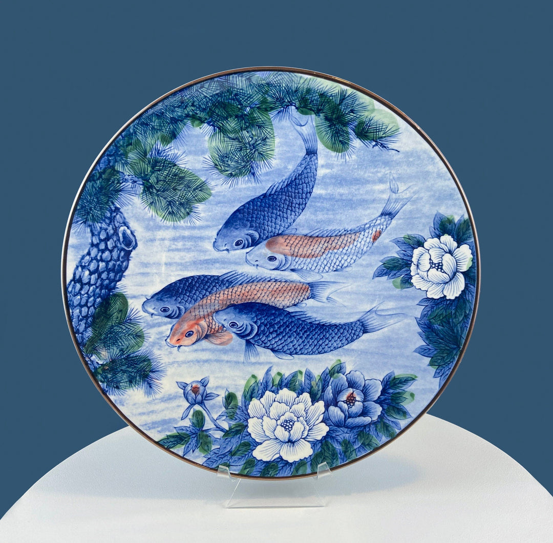 Handpainted Koi Fish Platter: Japanese Collectible Art Plate, 16" with koi fish, evergreens, and peonies design.