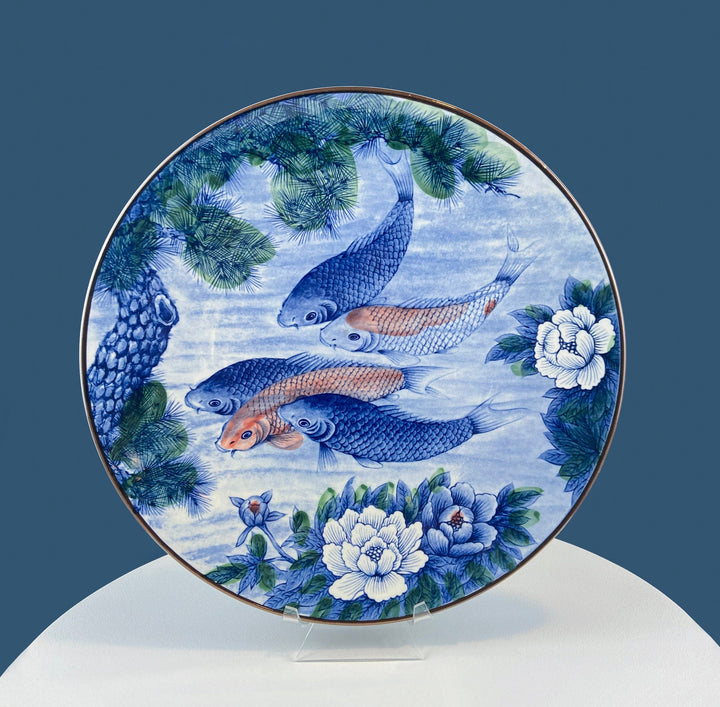 Handpainted Koi Fish Platter: Japanese Collectible Art Plate, 16" with koi fish, evergreens, and peonies design.
