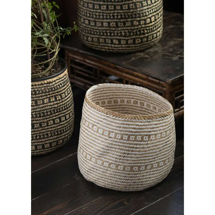 Handwoven Cylinder Basket in White & Natural Seagrass