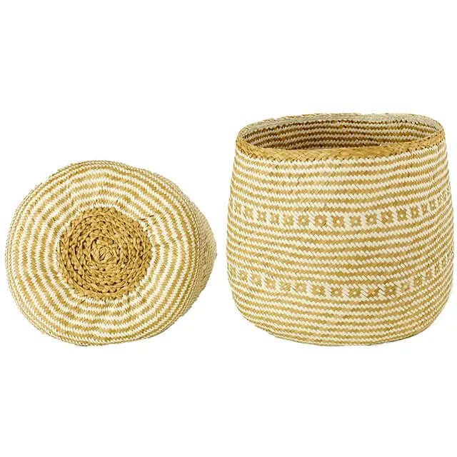 Handwoven Cylinder Basket in White & Natural Seagrass