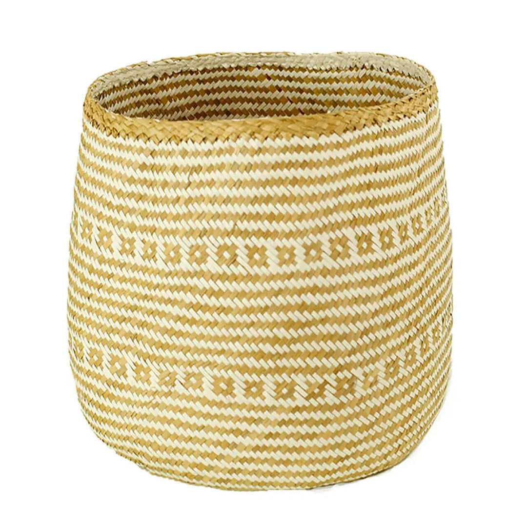 Handwoven Cylinder Basket in White & Natural Seagrass