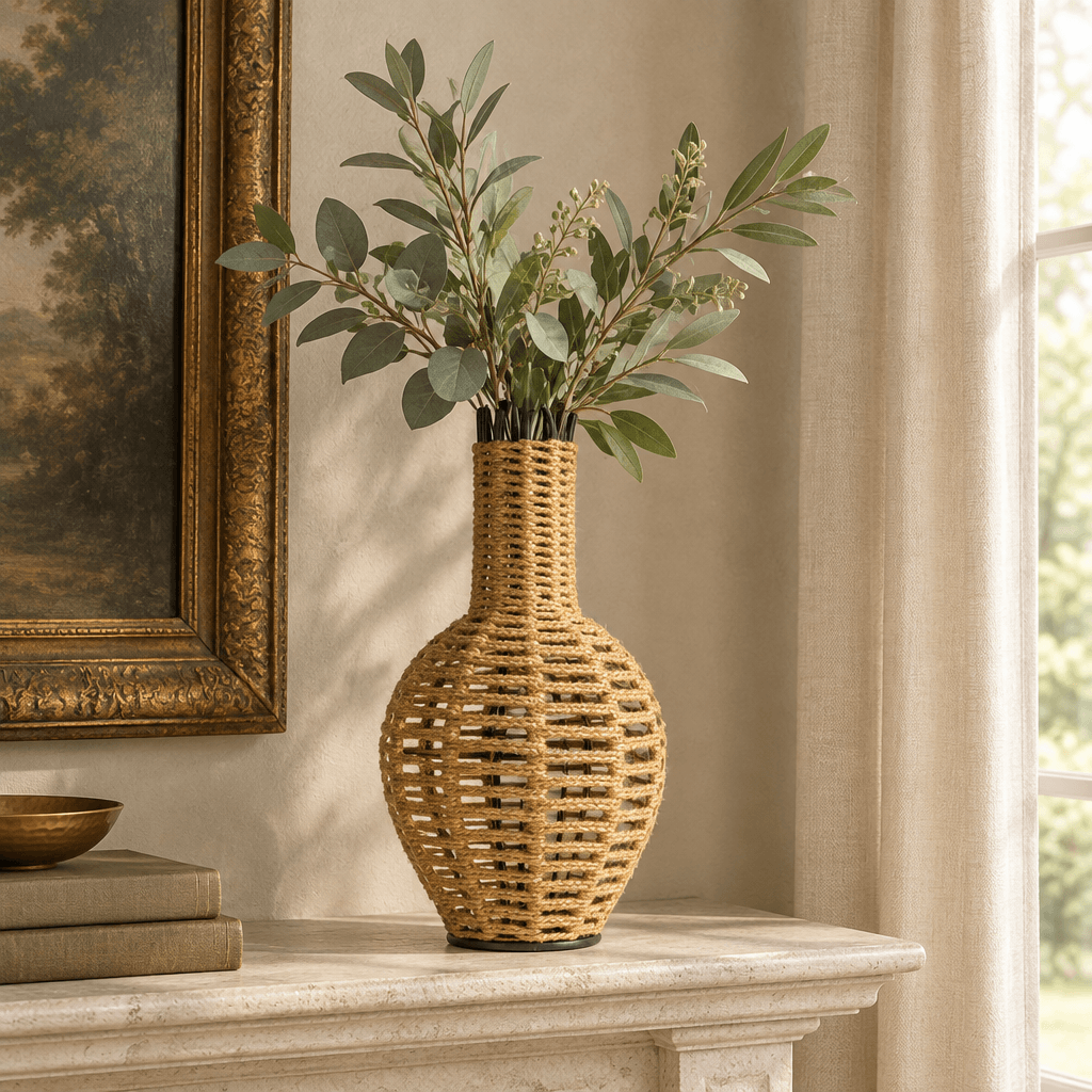 Handwoven jute vase with silk greenery on a pale stone mantel in a vintage-inspired room.