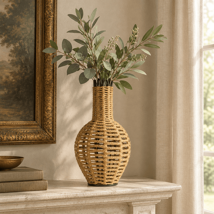 Handwoven jute vase with silk greenery on a pale stone mantel in a vintage-inspired room.