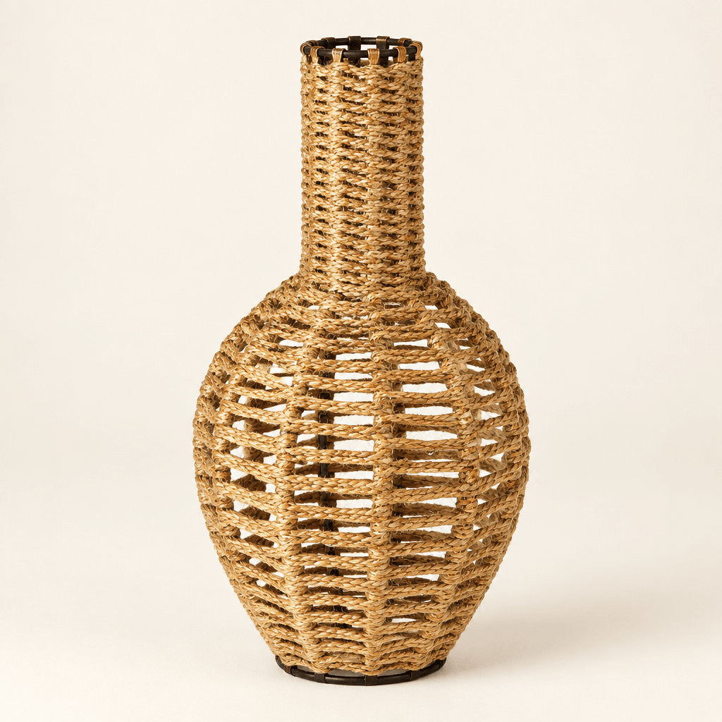 Handwoven jute vase with a rounded openwork body and narrow neck on an ivory studio background.