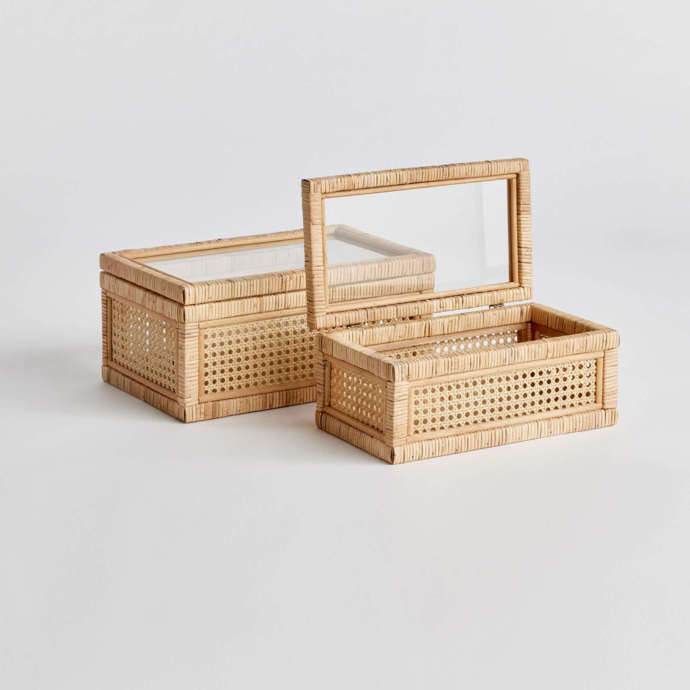 Handwoven rattan storage boxes with glass window lids, set of 2, showcasing natural textures and elegant design.