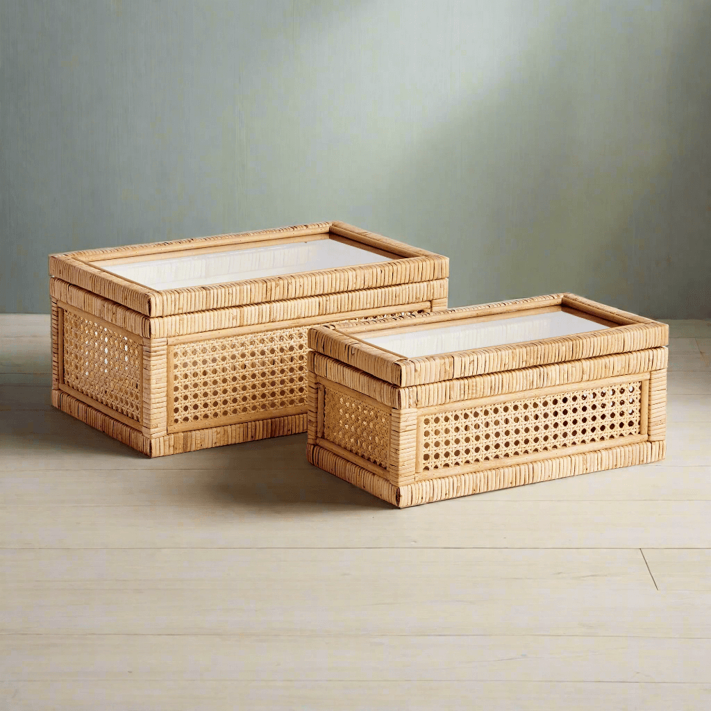 Handwoven rattan storage boxes with glass window lids, set of two, showcasing a natural and elegant design.