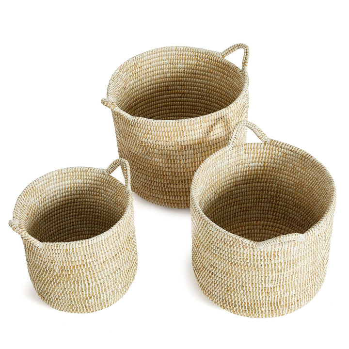 Set of 3 handwoven rivergrass storage baskets for coastal decor, showcasing natural textures and earthy hues.
