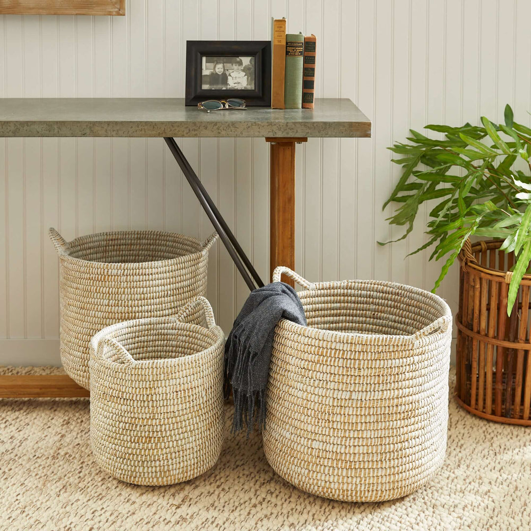 Handwoven rivergrass baskets set of 3 for coastal decor, adding natural texture and warmth to home storage.