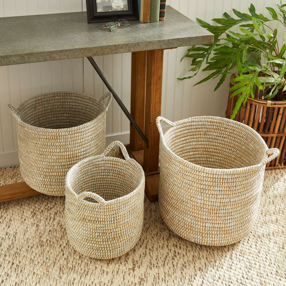 Set of 3 handwoven rivergrass storage baskets for coastal decor, showcasing natural textures and soft, earthy colors.