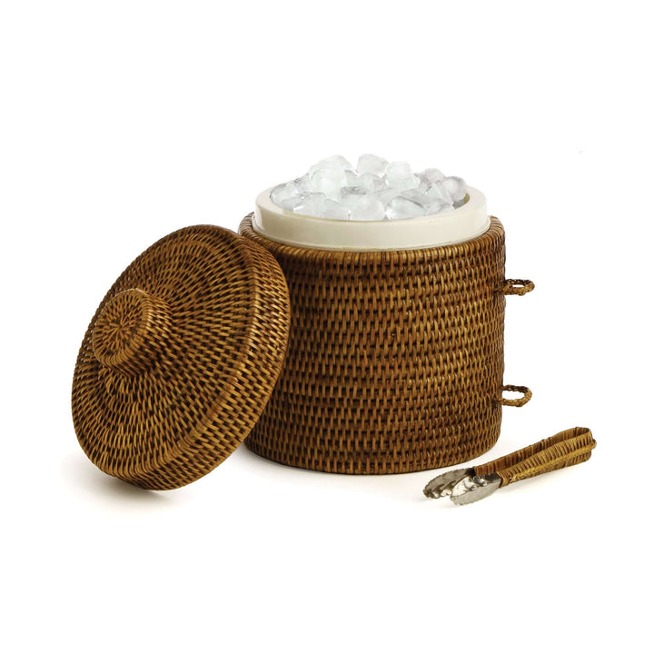 Handwoven vintage rattan ice bucket with lid and tongs, filled with ice, showcasing timeless elegance and functionality.