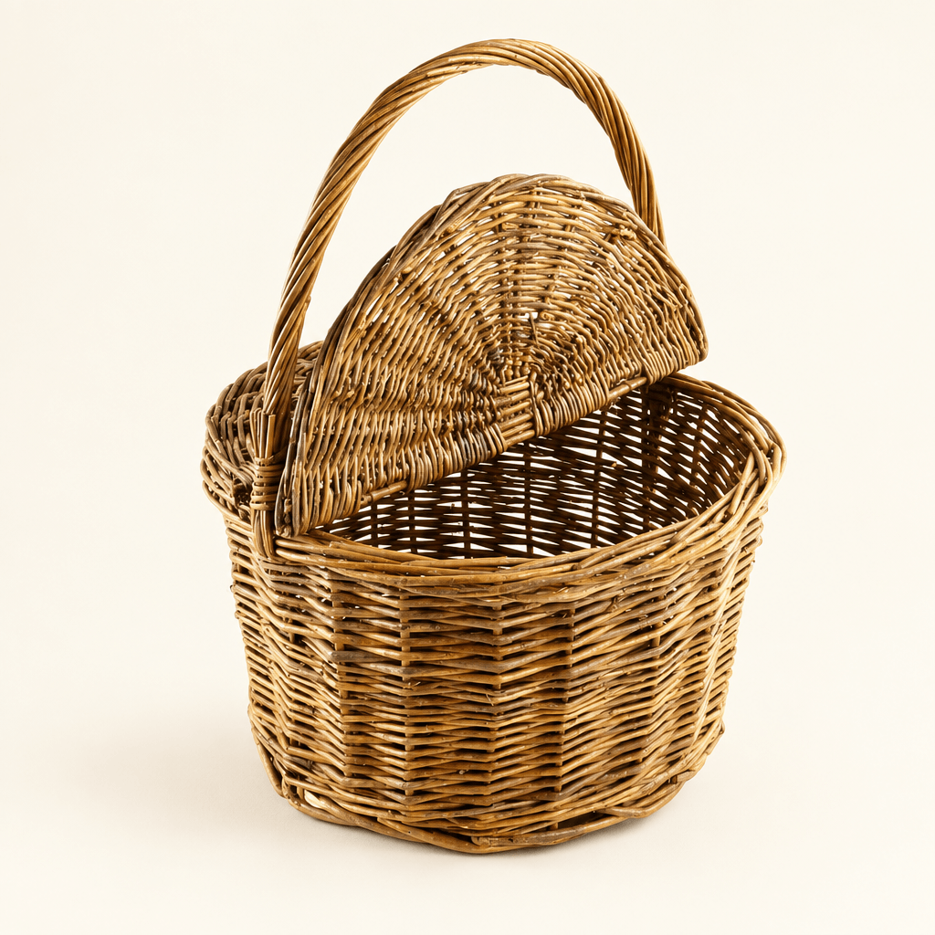 Handwoven willow picnic basket with an arched handle and raised divided lid on an ivory background