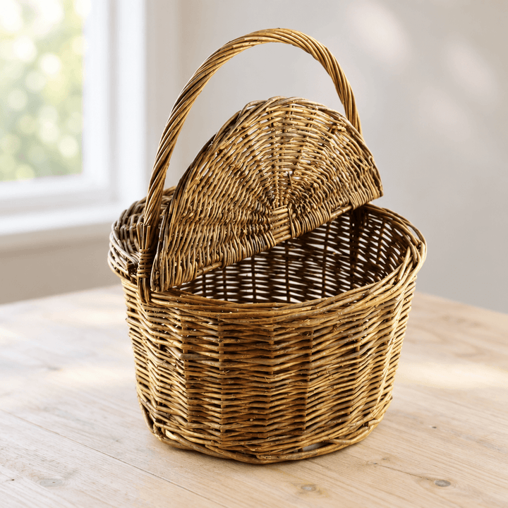 Detail of natural willow weaving, arched handle, and divided lid on a picnic basket