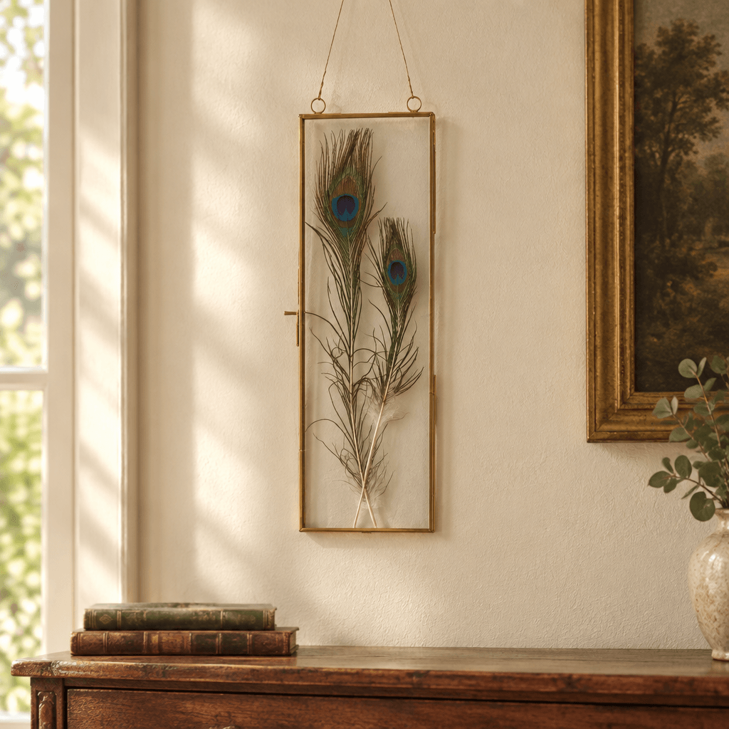 Narrow brass frame displaying illustrative peacock feathers on a cream wall above a wooden console