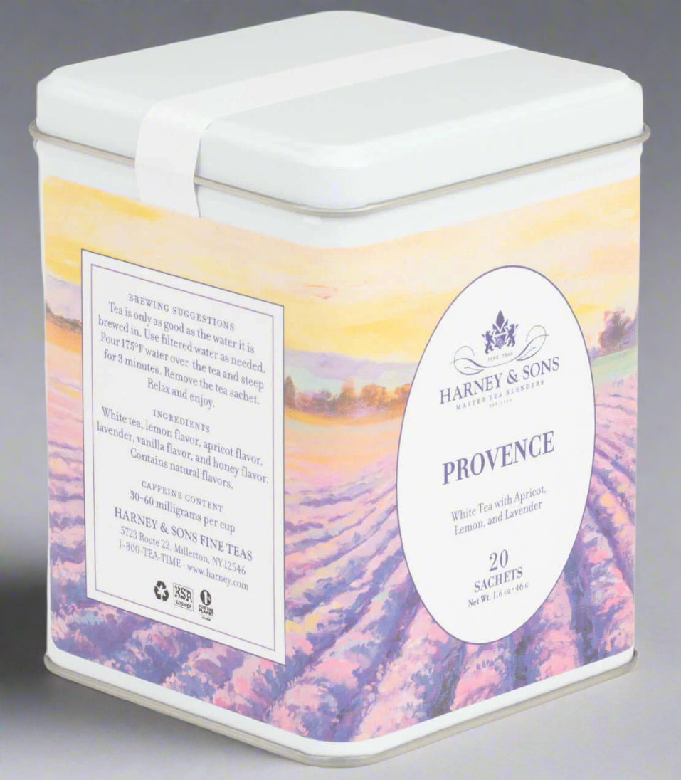 Provence Tea Tin (20 Sachets) by Harney & Sons with lavender fields illustration, inspired by French countryside flavors of apricot and lemon.