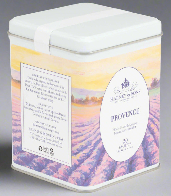 Provence Tea Tin (20 Sachets) by Harney & Sons with lavender fields illustration, inspired by French countryside flavors of apricot and lemon.